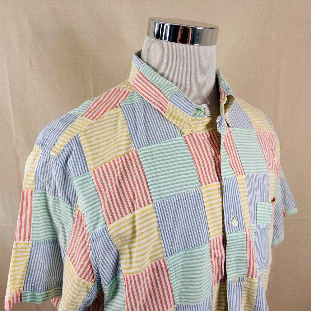 J. Crew XL Slim Seersucker Shirt Short Sleeve Button Down Multicolor Patchwork